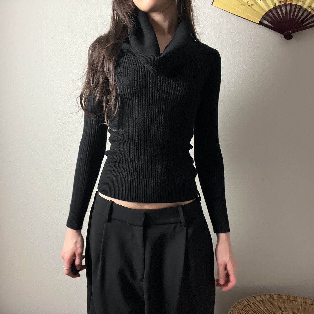 90s vintage guess black minimalist ribbed knit fitted cowl neck sweater top